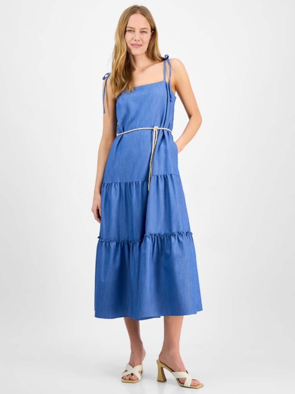 Julia Jordan Women's Sleeveless Tie-Shoulder-Strap Tiered Maxi Dress - Blue